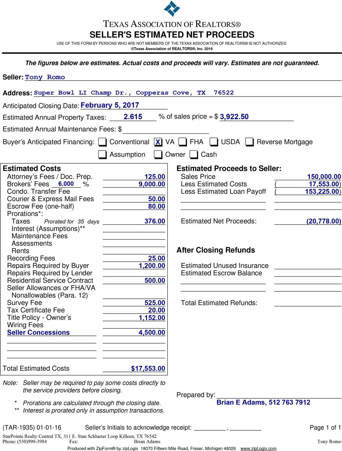 SFC Tony Romo's Seller's Estimate Net Sheet