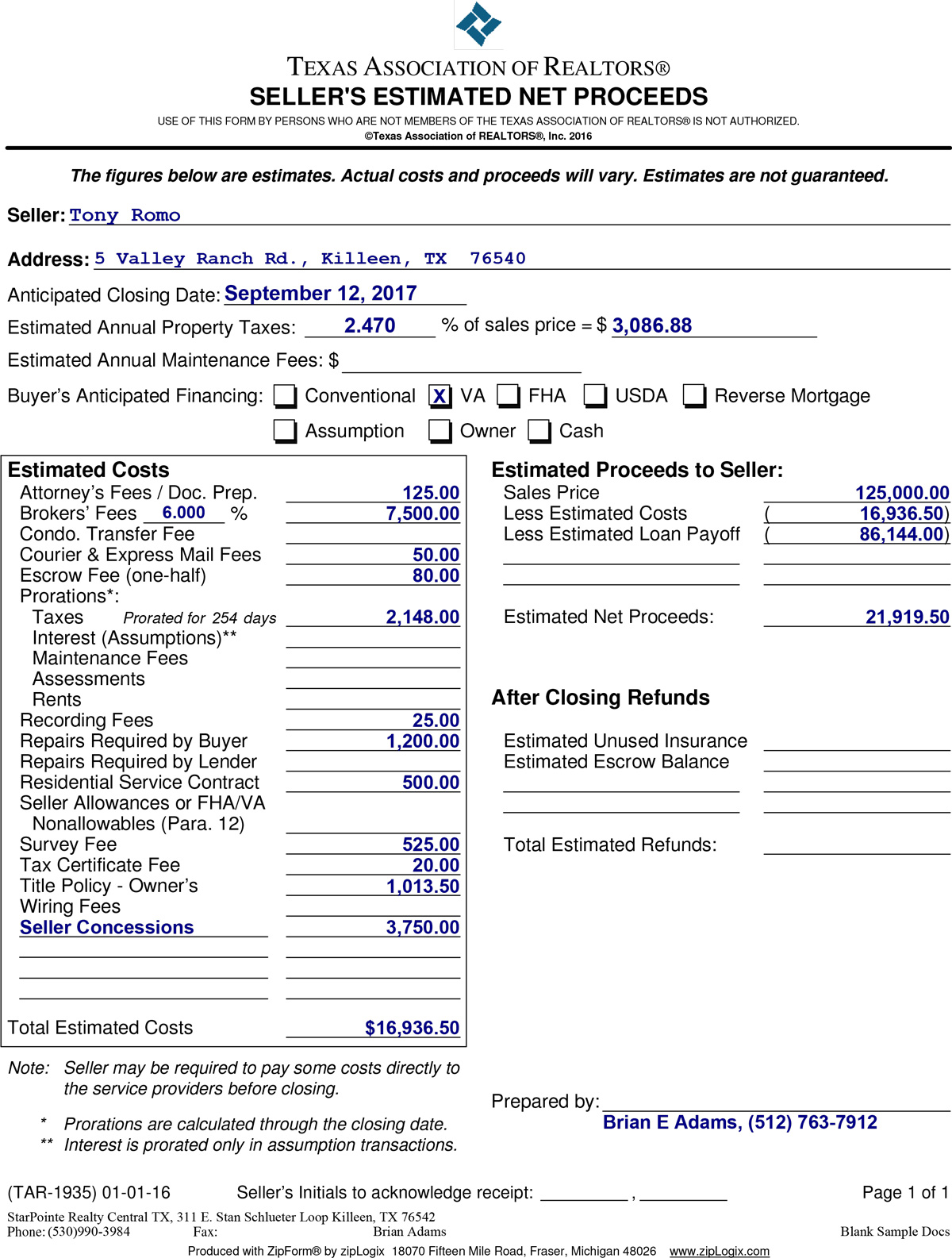 Example Seller's Estimate Net in Texas